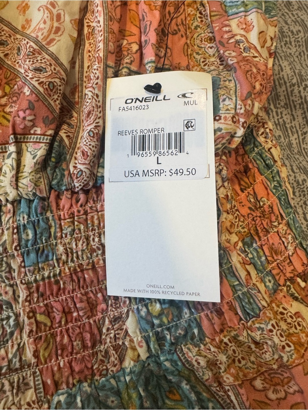 O'Neill Multicolor Paisley Smocked Romper in Coral, Teal & Cream - Picture 3 of 7